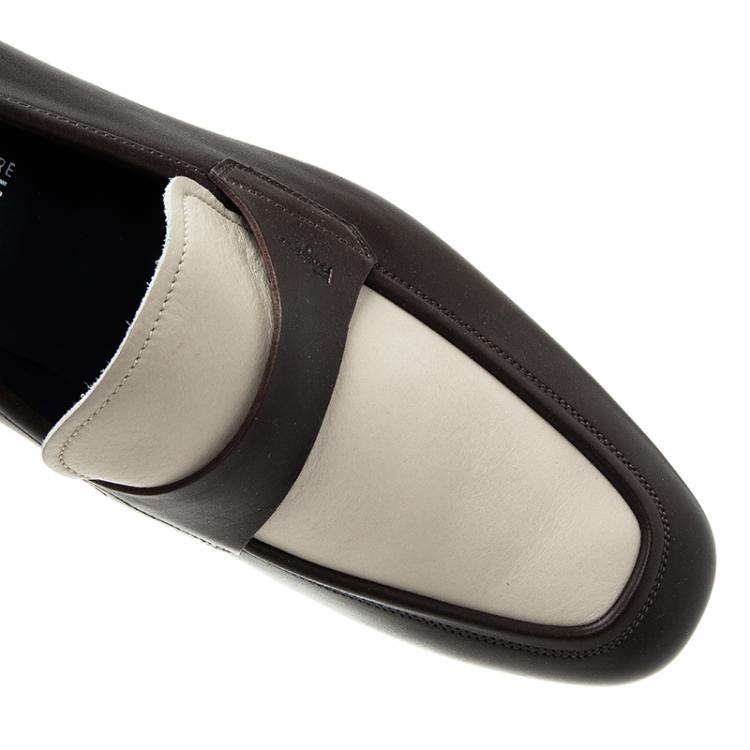 Pre Owned Salvatore Ferragamo Brown and White Leather Slip On Loafers Size 44