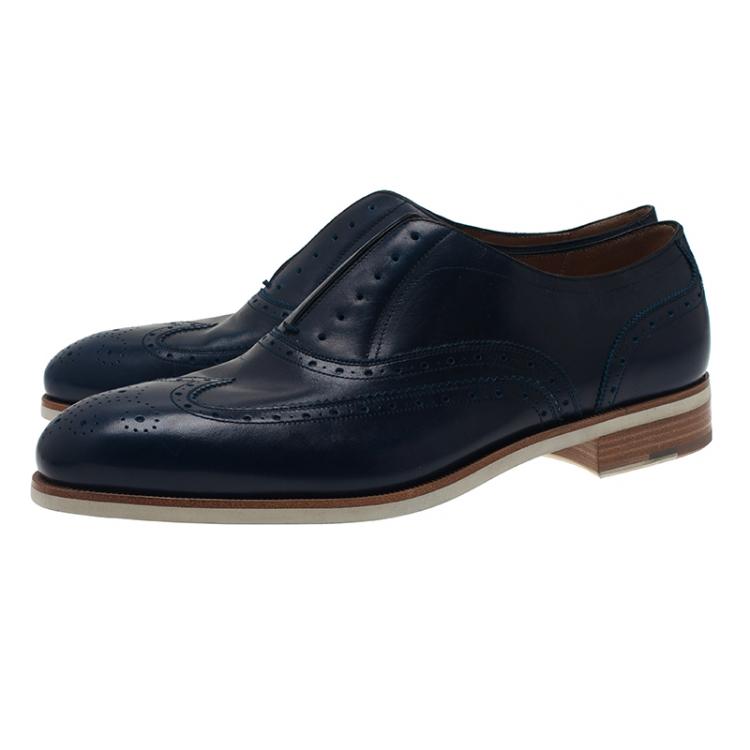 Pre Owned Salvatore Ferragamo Navy Blue Leather Richie Laceless Brogue Slip On Size 44