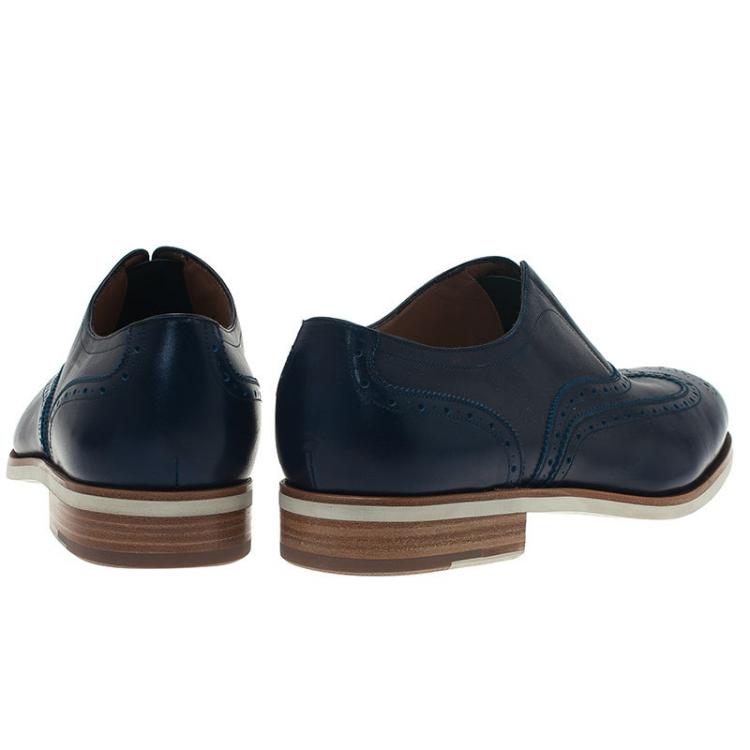 Pre Owned Salvatore Ferragamo Navy Blue Leather Richie Laceless Brogue Slip On Size 44