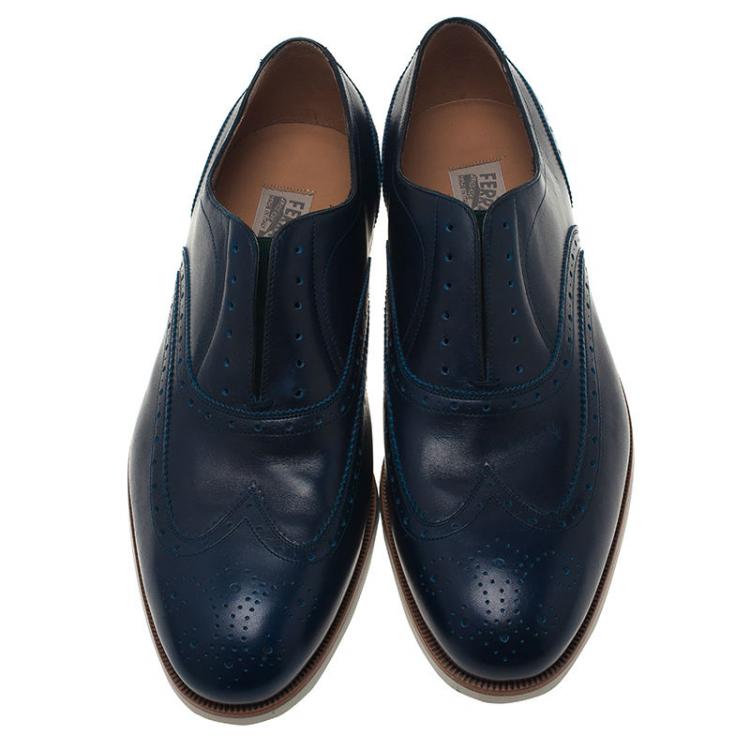 Pre Owned Salvatore Ferragamo Navy Blue Leather Richie Laceless Brogue Slip On Size 44