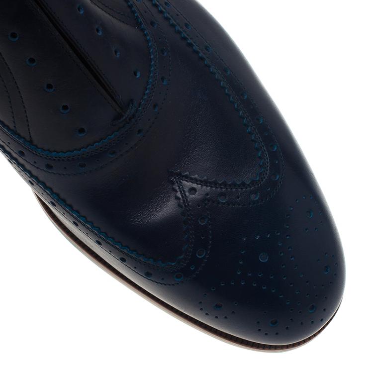 Pre Owned Salvatore Ferragamo Navy Blue Leather Richie Laceless Brogue Slip On Size 44