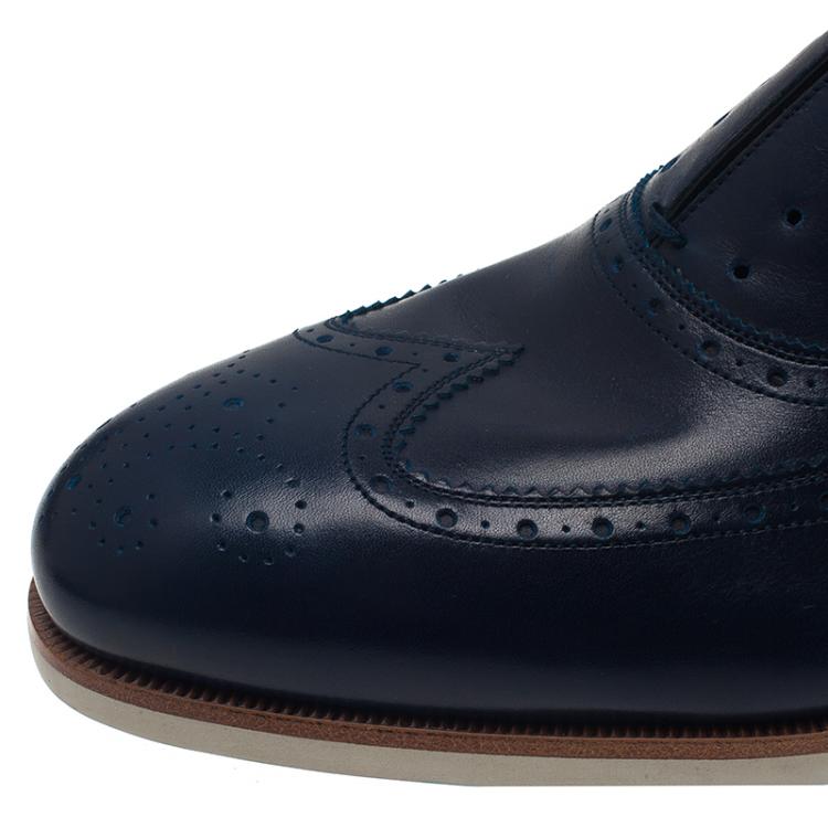 Pre Owned Salvatore Ferragamo Navy Blue Leather Richie Laceless Brogue Slip On Size 44