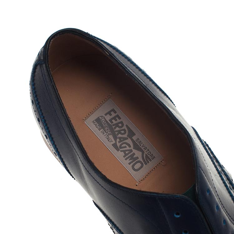 Pre Owned Salvatore Ferragamo Navy Blue Leather Richie Laceless Brogue Slip On Size 44