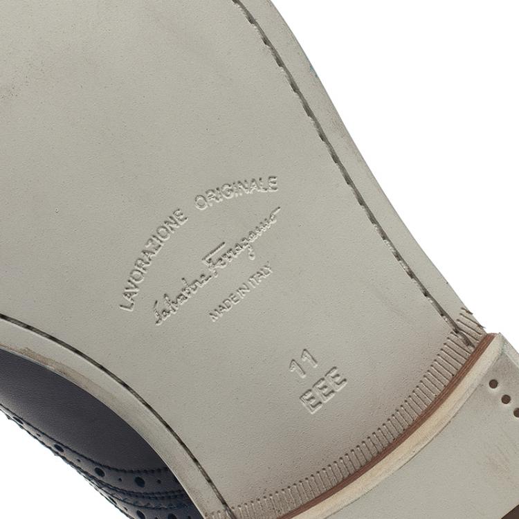 Pre Owned Salvatore Ferragamo Navy Blue Leather Richie Laceless Brogue Slip On Size 44