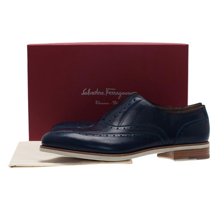 Pre Owned Salvatore Ferragamo Navy Blue Leather Richie Laceless Brogue Slip On Size 44