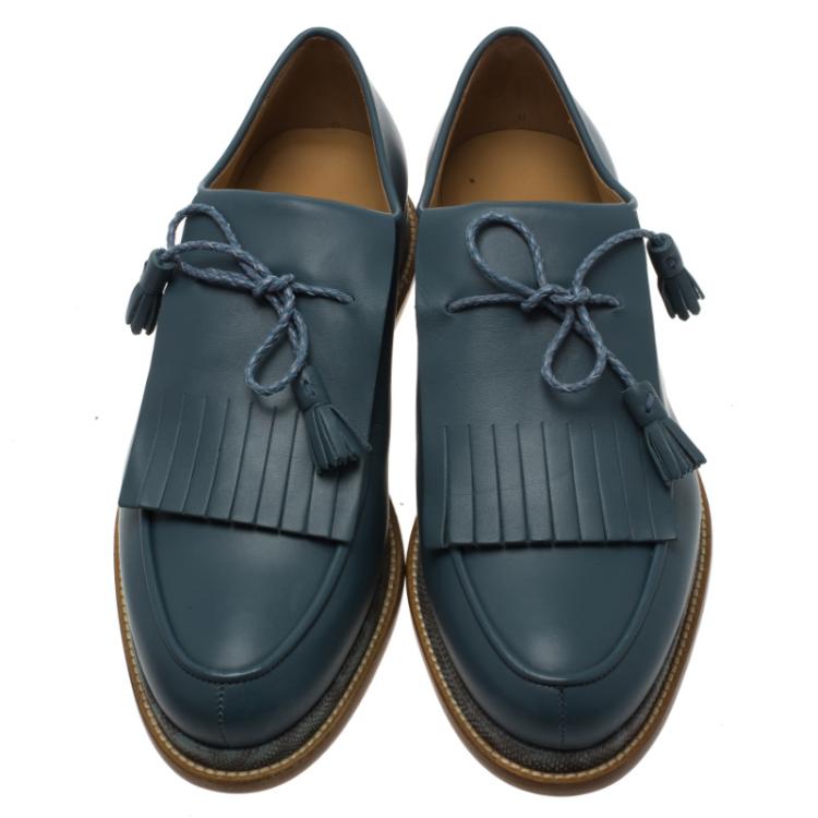Pre Owned Salvatore Ferragamo Teal Blue Leather Nikos Karung Trimmed Runway Fringe Loafers Size 42