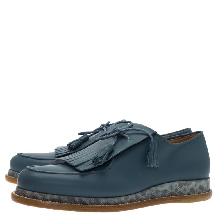 Pre Owned Salvatore Ferragamo Teal Blue Leather Nikos Karung Trimmed Runway Fringe Loafers Size 42