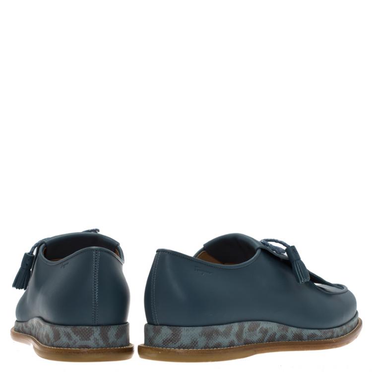 Pre Owned Salvatore Ferragamo Teal Blue Leather Nikos Karung Trimmed Runway Fringe Loafers Size 42