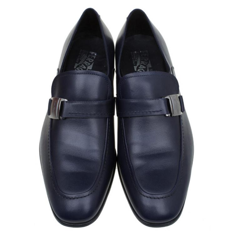Pre Owned Salvatore Ferragamo Navy Blue Leather Mattia Loafers Size 41