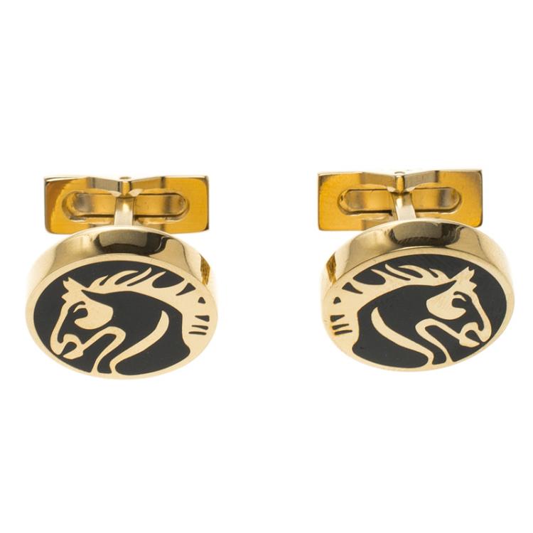 Pre Owned S.T. Dupont Black Lacquer Horse Gold Plated Limited Edition Cufflinks 