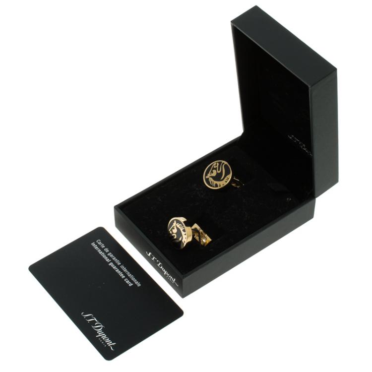 Pre Owned S.T. Dupont Black Lacquer Horse Gold Plated Limited Edition Cufflinks 