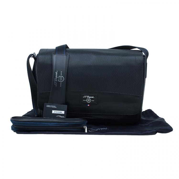 Pre Owned S.T. Dupont Black Leather Carbone Laptop Messenger Bag with Battery Pouch