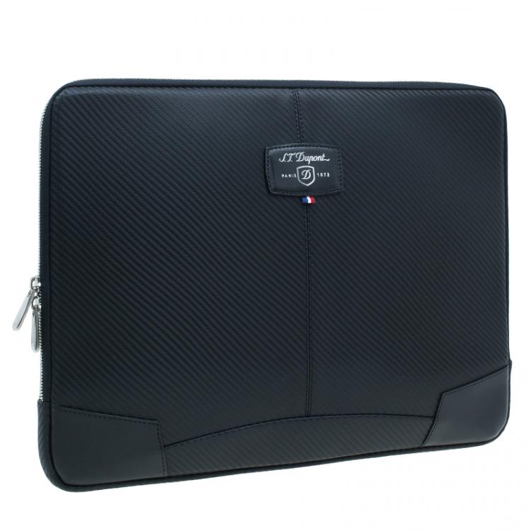 Pre Owned S.T. Dupont Black Leather Carbone Laptop Case Bag