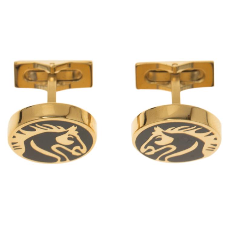 Pre Owned S.T. Dupont Black Lacquer Horse Gold Plated Limited Edition Cufflinks 