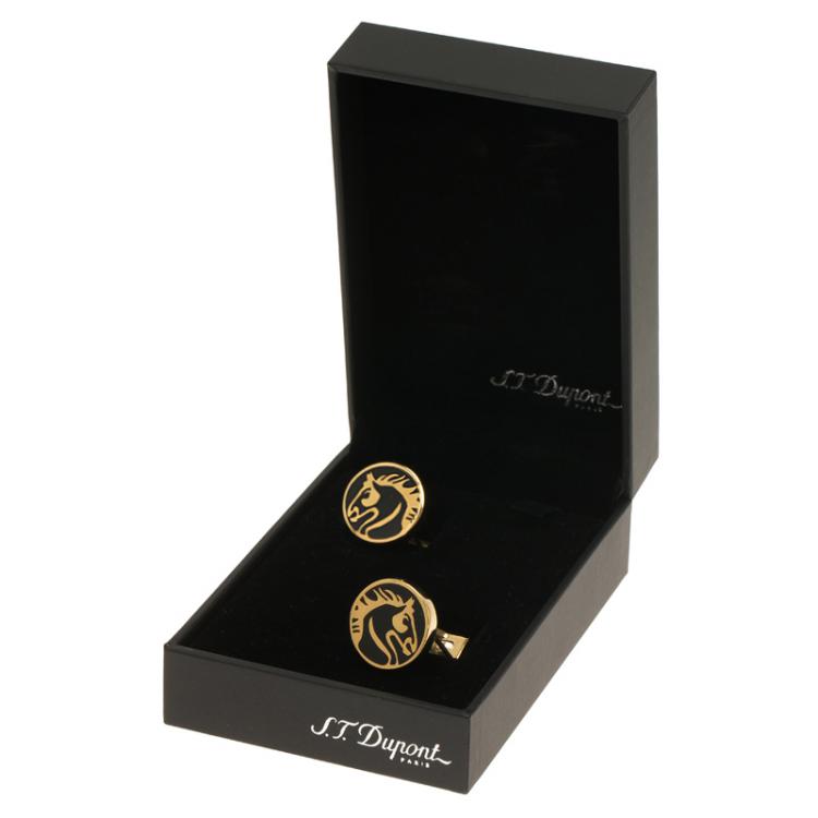 Pre Owned S.T. Dupont Black Lacquer Horse Gold Plated Limited Edition Cufflinks 