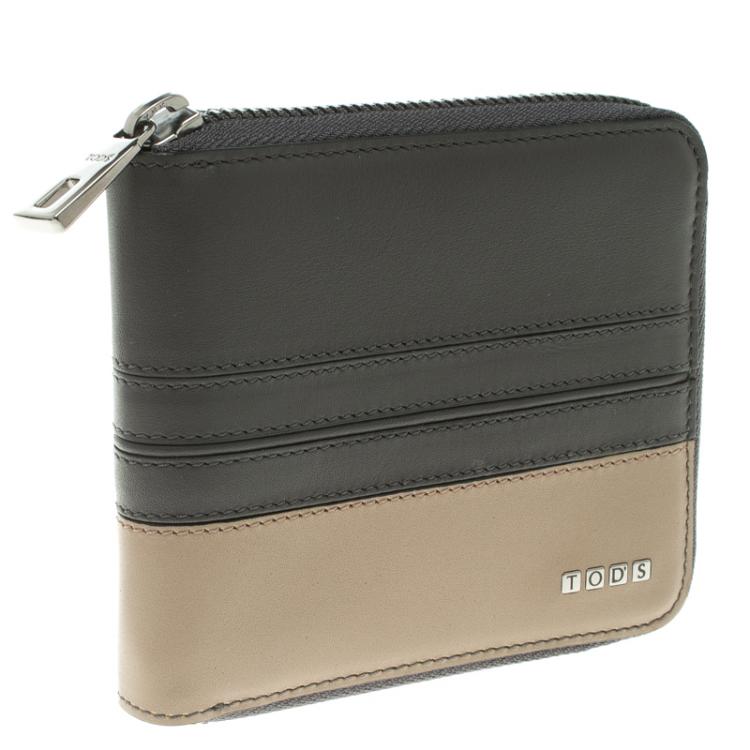 Pre Owned Tod's Grey/Beige Leather Zip-Around Compact Wallet