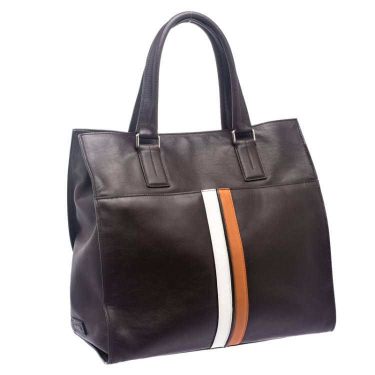 Pre Owned Tod's Dark Brown Leather Striped Atlantico Laurent Tote