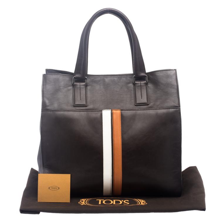 Pre Owned Tod's Dark Brown Leather Striped Atlantico Laurent Tote
