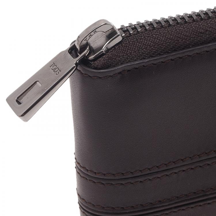 Pre Owned Tod's Dark Brown and Mustard Leather Zip-Around Compact Wallet 