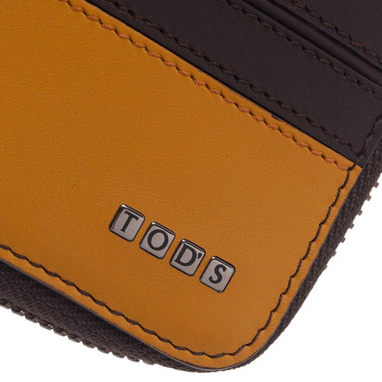Pre Owned Tod's Dark Brown and Mustard Leather Zip-Around Compact Wallet 