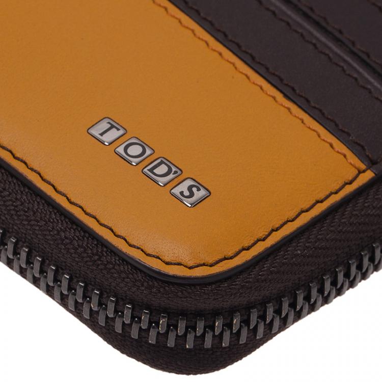 Pre Owned Tod's Dark Brown and Mustard Leather Zip-Around Compact Wallet 