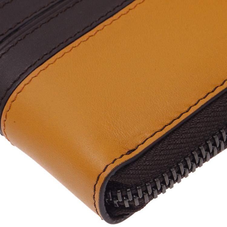 Pre Owned Tod's Dark Brown and Mustard Leather Zip-Around Compact Wallet 