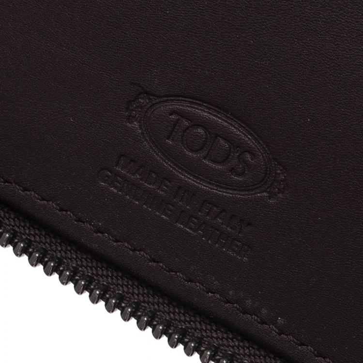 Pre Owned Tod's Dark Brown and Mustard Leather Zip-Around Compact Wallet 