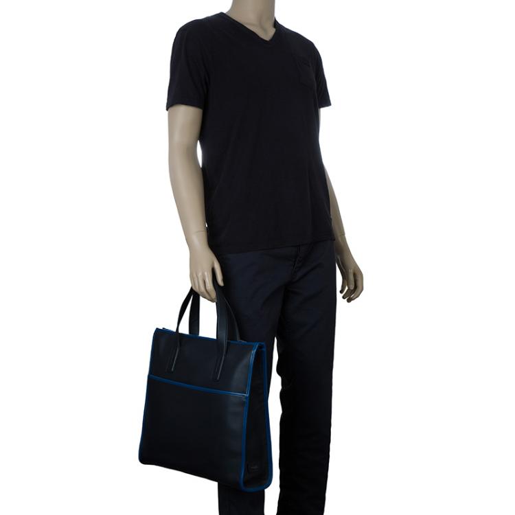 Pre Owned Tod's Black/Blue Leather Slim Zip Script Tote