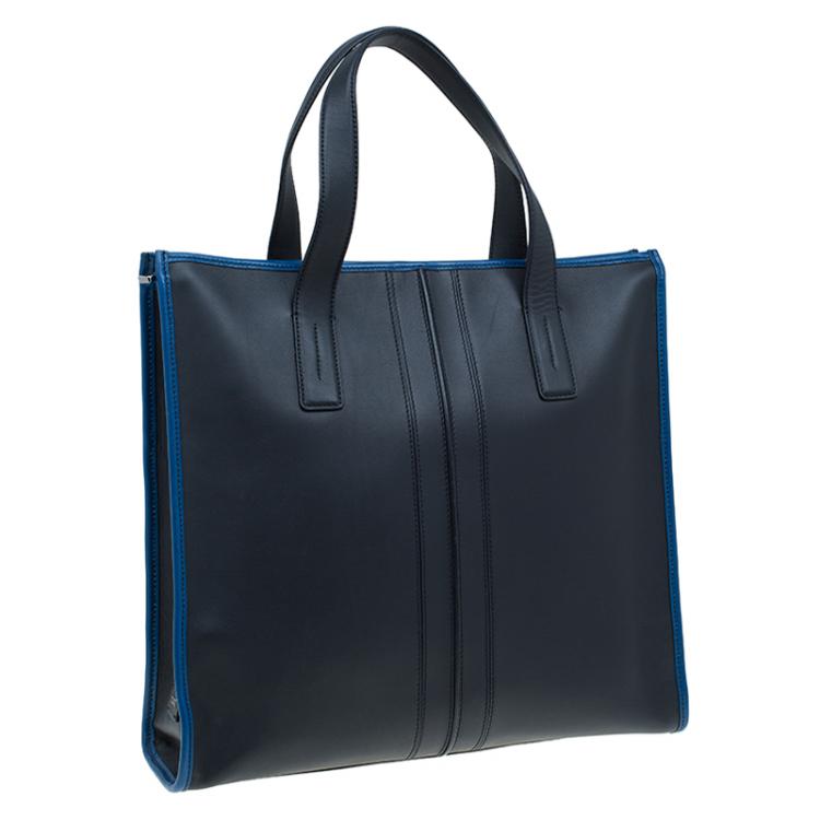 Pre Owned Tod's Black/Blue Leather Slim Zip Script Tote