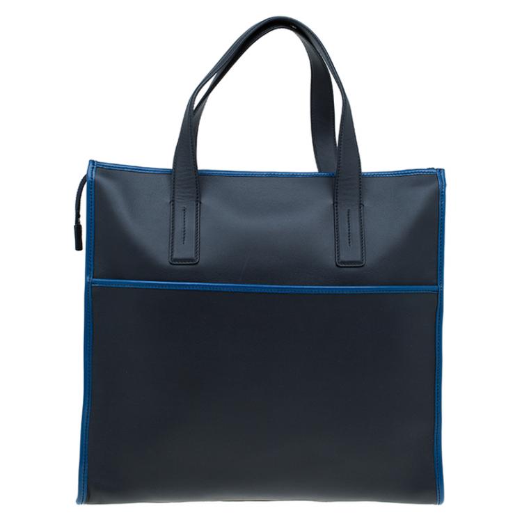 Pre Owned Tod's Black/Blue Leather Slim Zip Script Tote