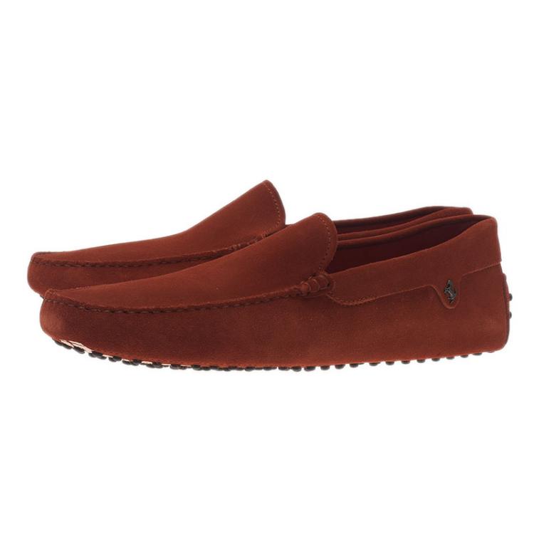 Pre Owned Tod's for Ferrari Orange Suede Limited Edition Gommino Loafers Size 45