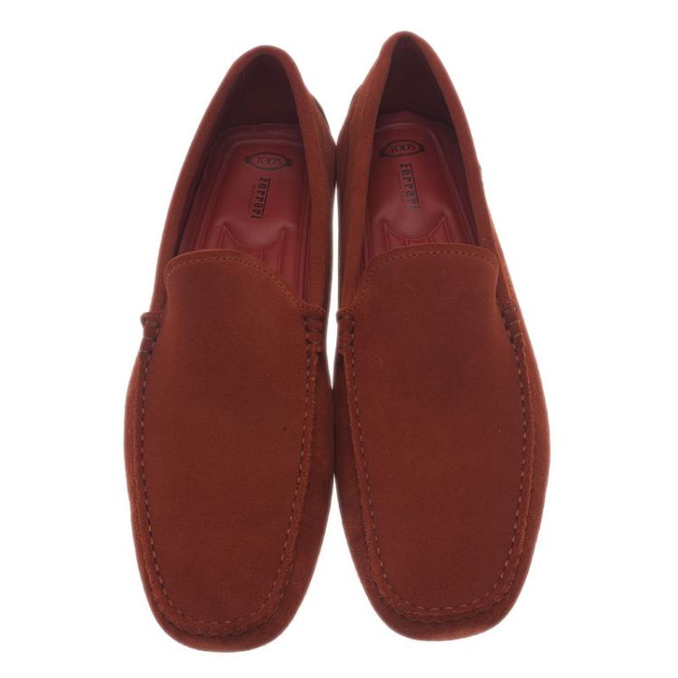 Pre Owned Tod's for Ferrari Orange Suede Limited Edition Gommino Loafers Size 45