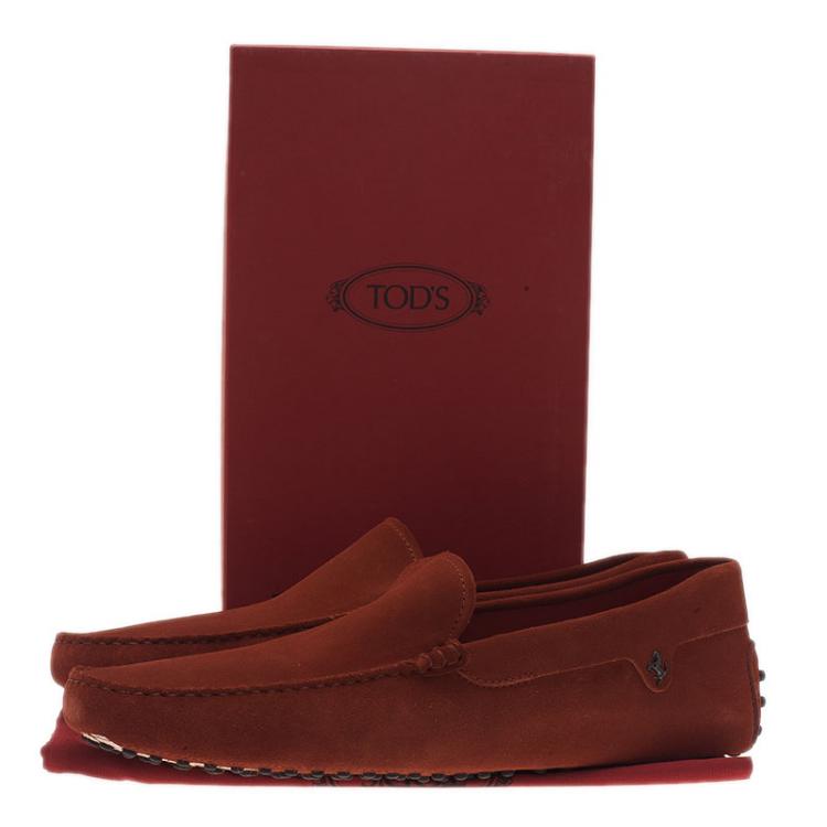 Pre Owned Tod's for Ferrari Orange Suede Limited Edition Gommino Loafers Size 45