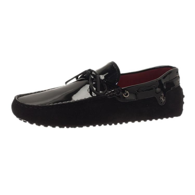 Pre Owned Tod's for Ferrari Black Patent Leather and Suede Bow Loafers Size 41.5