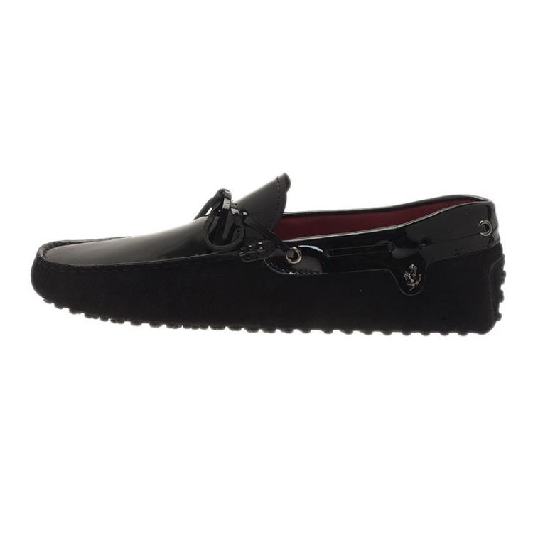 Pre Owned Tod's for Ferrari Black Patent Leather and Suede Bow Loafers Size 41.5