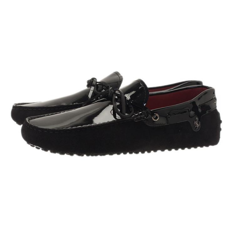 Pre Owned Tod's for Ferrari Black Patent Leather and Suede Bow Loafers Size 41.5