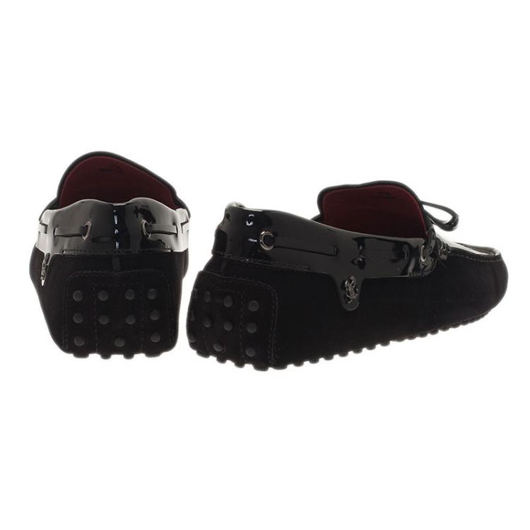 Pre Owned Tod's for Ferrari Black Patent Leather and Suede Bow Loafers Size 41.5