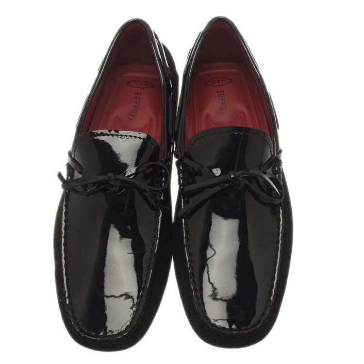 Pre Owned Tod's for Ferrari Black Patent Leather and Suede Bow Loafers Size 41.5
