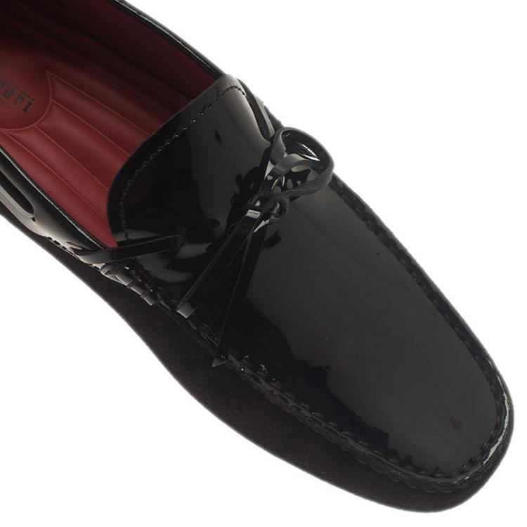 Pre Owned Tod's for Ferrari Black Patent Leather and Suede Bow Loafers Size 41.5