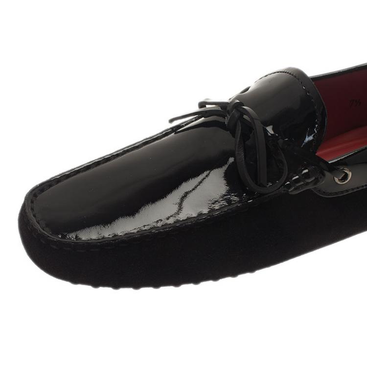Pre Owned Tod's for Ferrari Black Patent Leather and Suede Bow Loafers Size 41.5