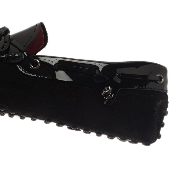 Pre Owned Tod's for Ferrari Black Patent Leather and Suede Bow Loafers Size 41.5