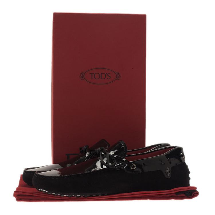 Pre Owned Tod's for Ferrari Black Patent Leather and Suede Bow Loafers Size 41.5