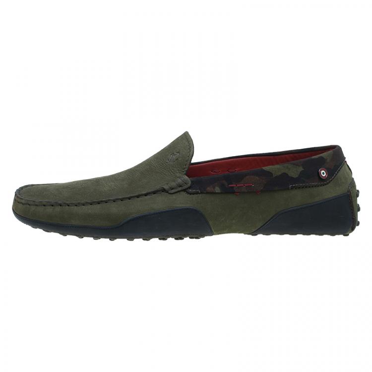 Pre Owned Tod's for Ferrari Military Green Camouflage Suede Loafers Size 44.5