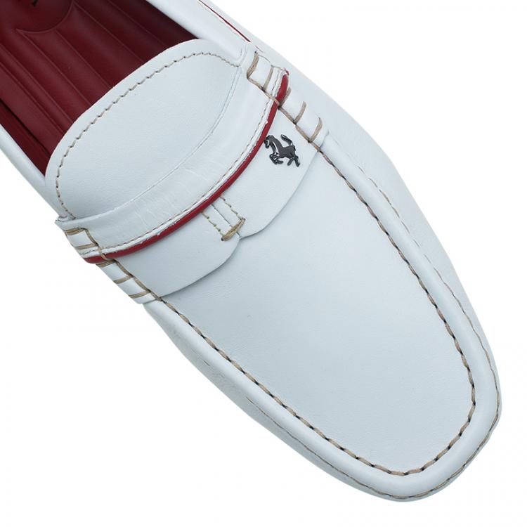 Pre Owned Tod's for Ferrari White Leather Striped Loafers Size 42.5