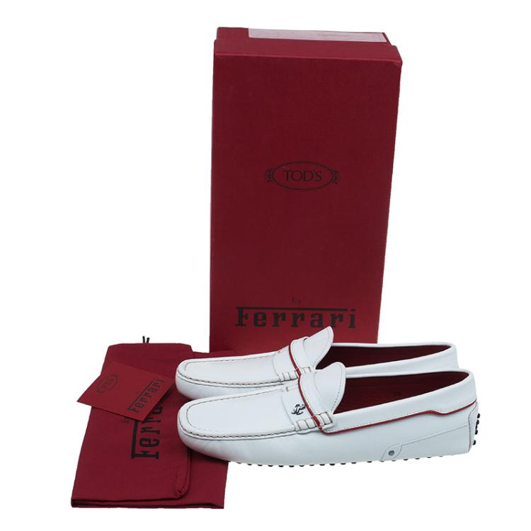 Pre Owned Tod's for Ferrari White Leather Striped Loafers Size 42.5