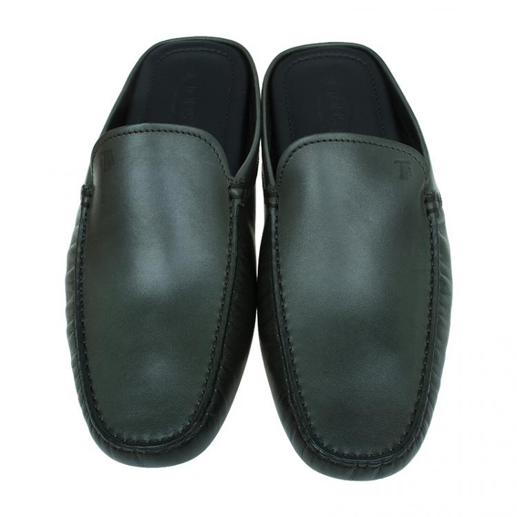 Pre Owned Tod's Olive Green Leather Slippers Size 43