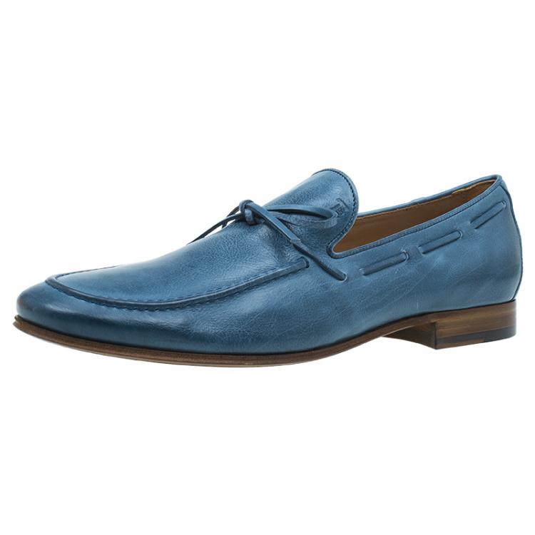 Pre Owned Tod's Blue Leather Bow Loafers Size 43