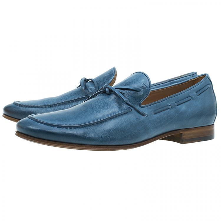Pre Owned Tod's Blue Leather Bow Loafers Size 43