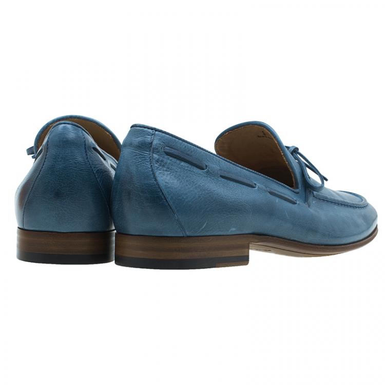 Pre Owned Tod's Blue Leather Bow Loafers Size 43