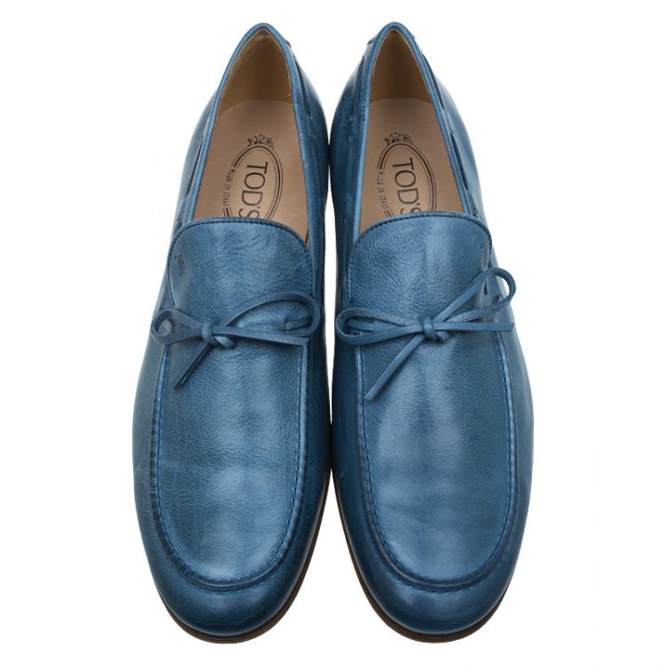 Pre Owned Tod's Blue Leather Bow Loafers Size 43